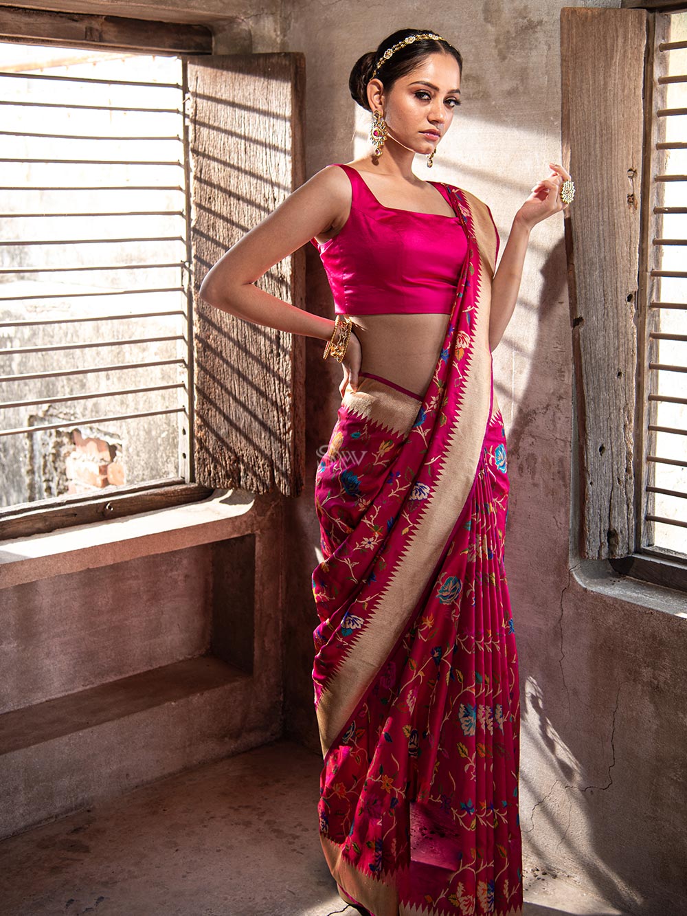 Pink Red Meenakari Katan Silk Handloom Banarasi Saree - Sacred Weaves