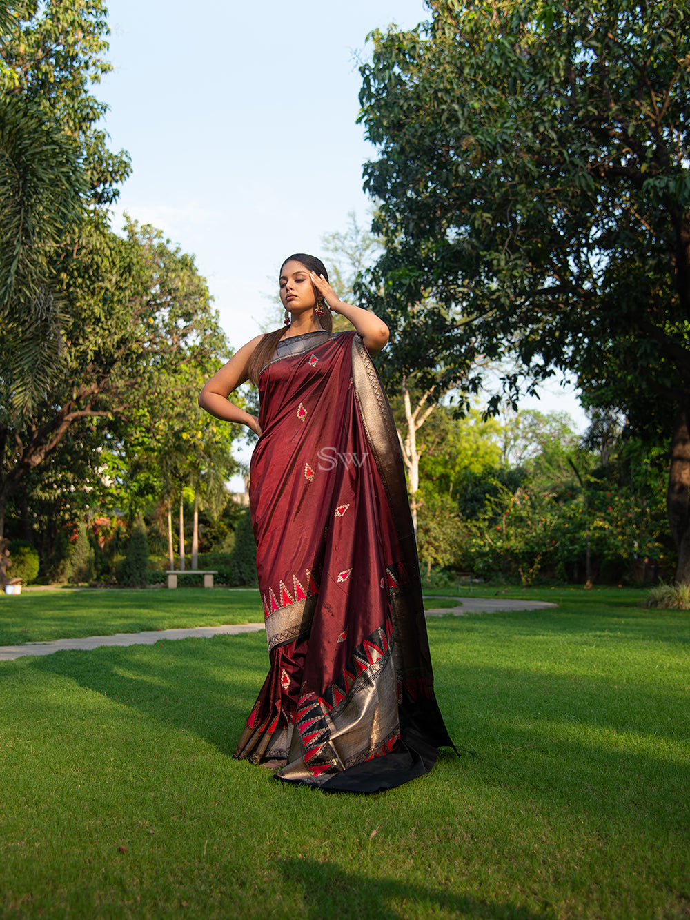 Wine Meenakari Boota Katan Silk Handloom Banarasi Saree - Sacred Weaves