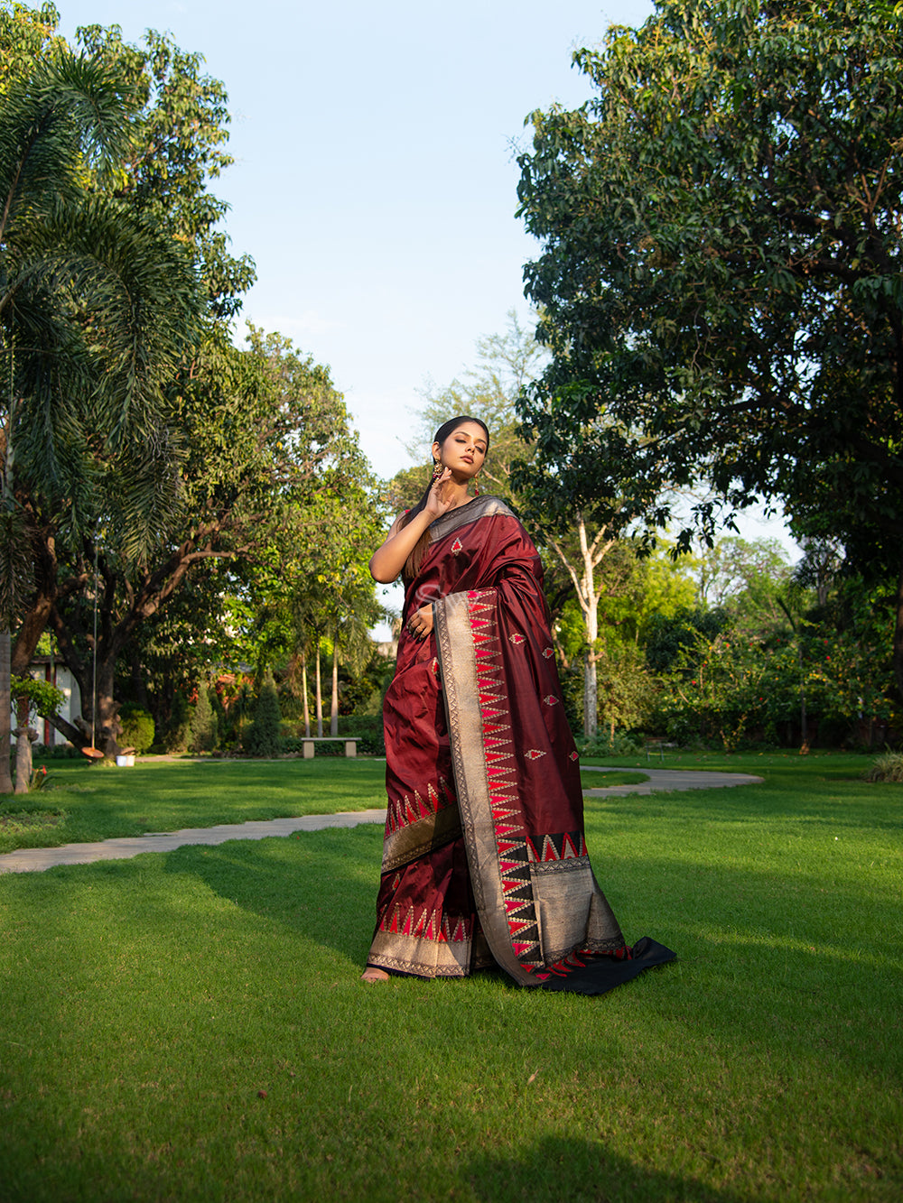 Wine Meenakari Boota Katan Silk Handloom Banarasi Saree - Sacred Weaves