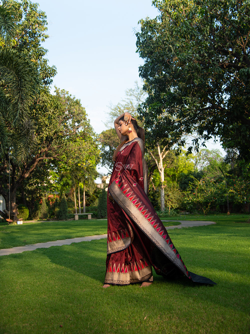 Wine Meenakari Boota Katan Silk Handloom Banarasi Saree - Sacred Weaves