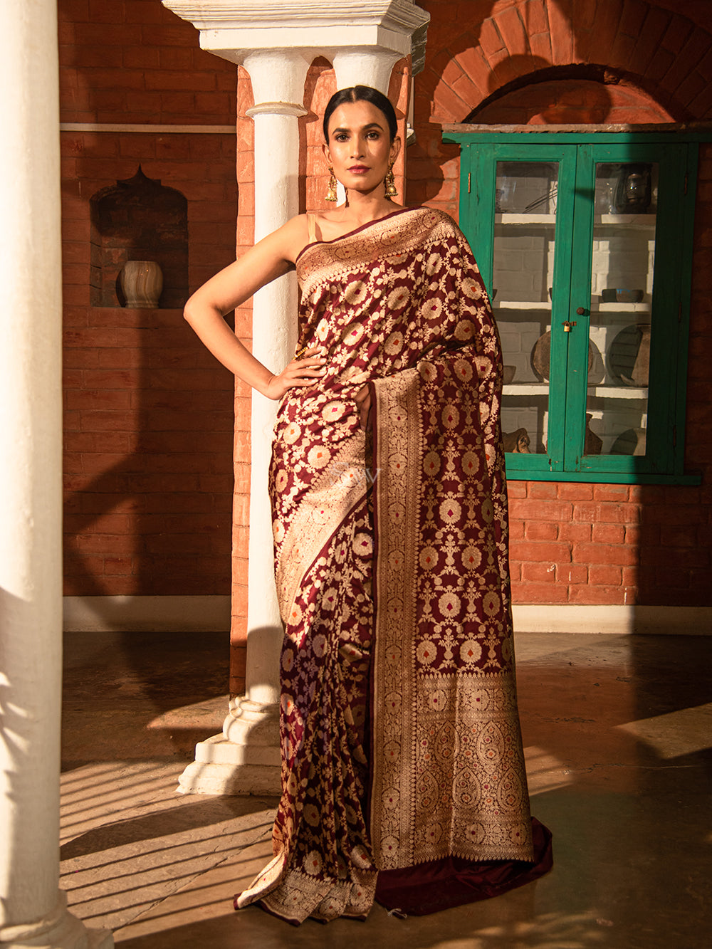 Wine Meenakari Uppada Katan Silk Handloom Banarasi Saree - Sacred Weaves