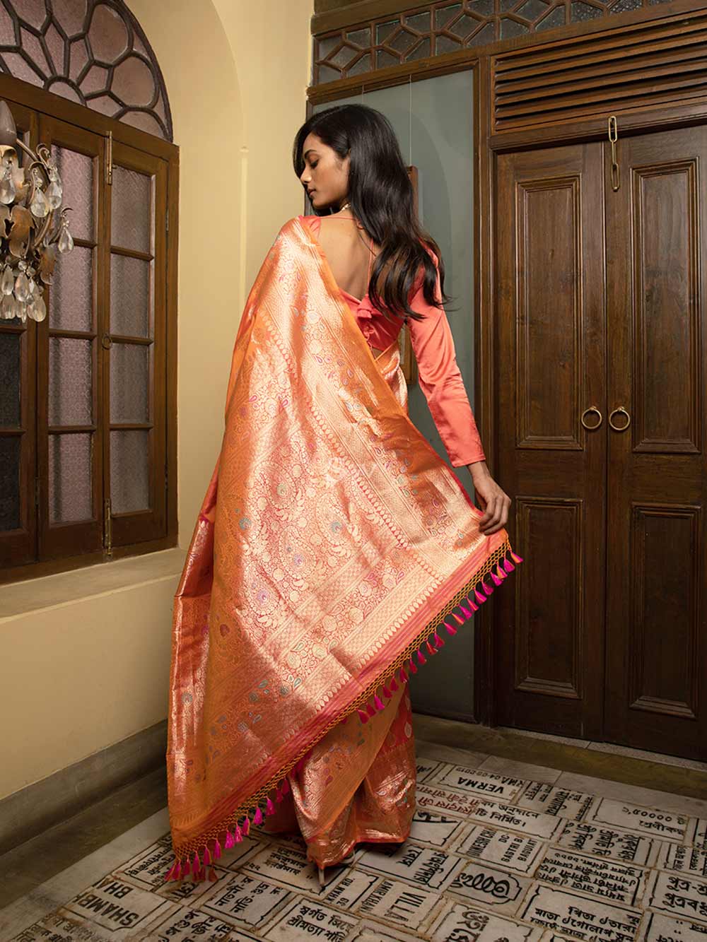 Pink Orange Meenakari Katan Silk Handloom Banarasi Saree - Sacred Weaves