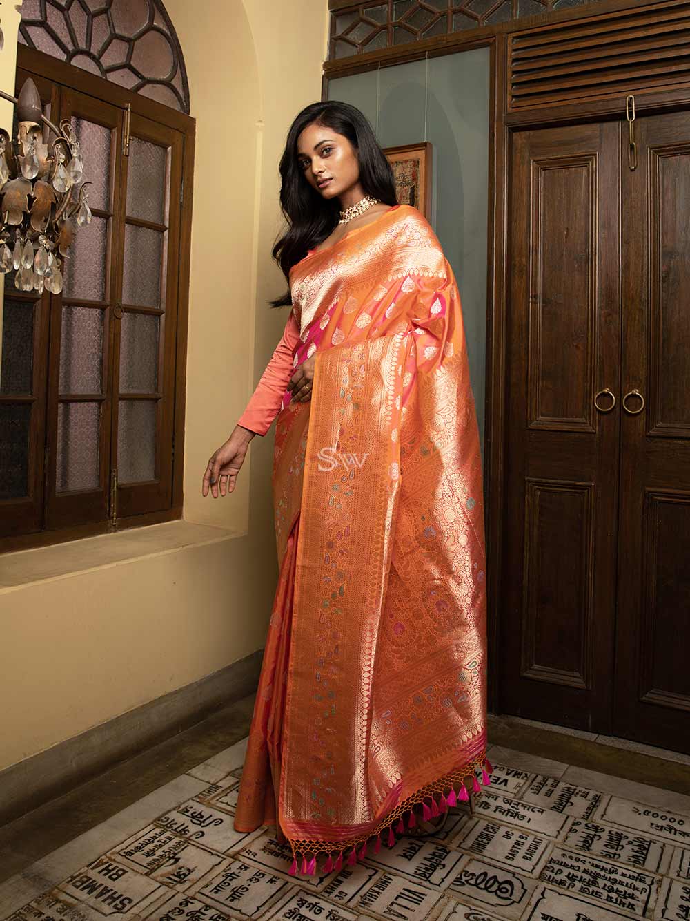 Pink Orange Meenakari Katan Silk Handloom Banarasi Saree - Sacred Weaves