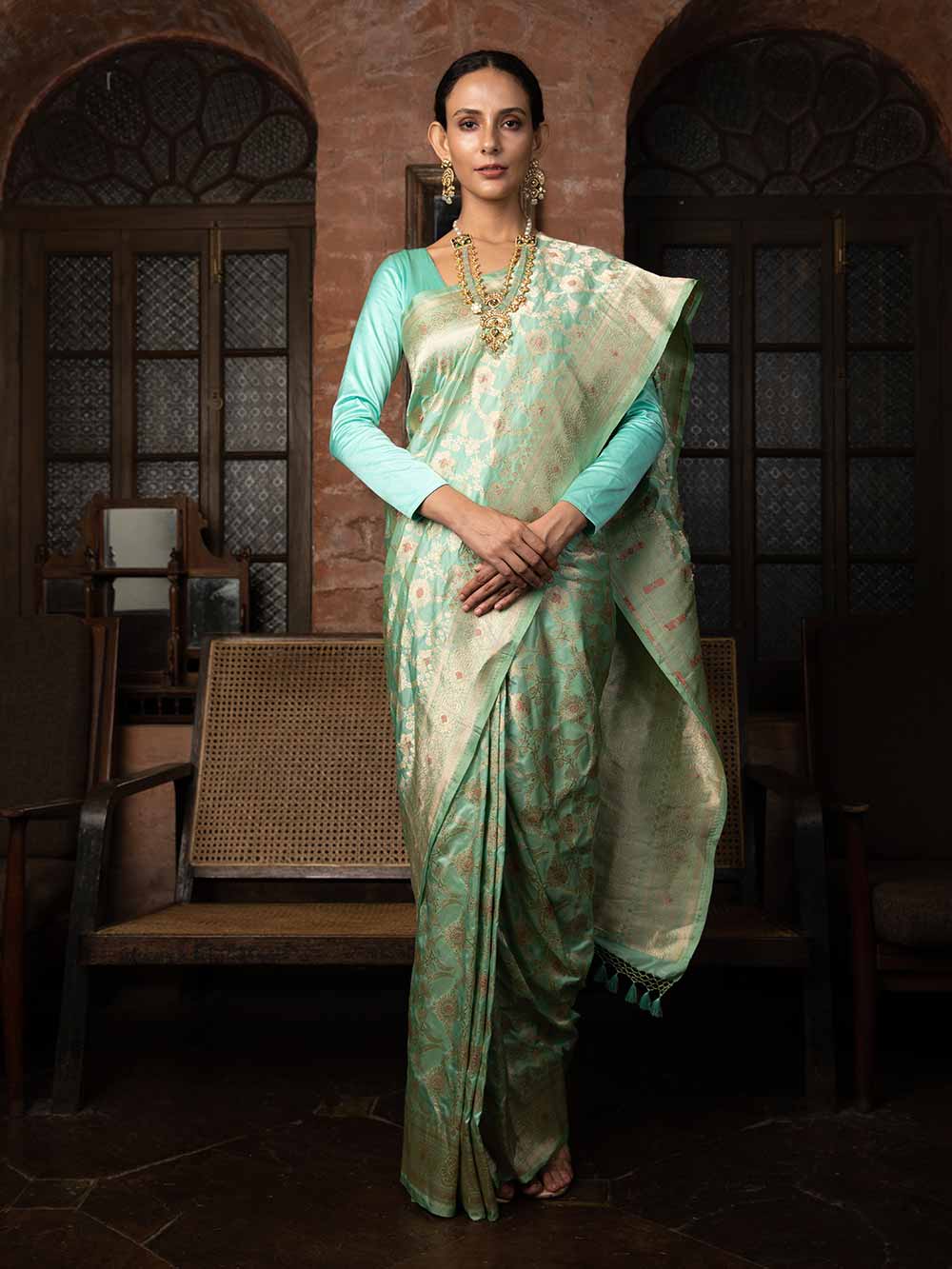 Sea Green Meenakari Uppada Katan Silk Handloom Banarasi Saree - Sacred Weaves