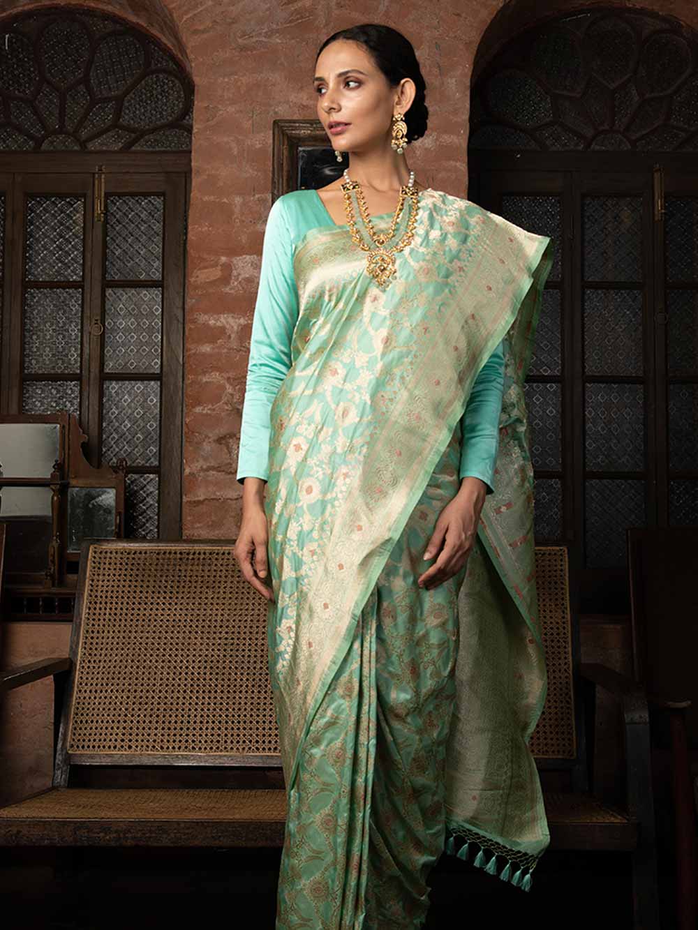 Sea Green Meenakari Uppada Katan Silk Handloom Banarasi Saree - Sacred Weaves