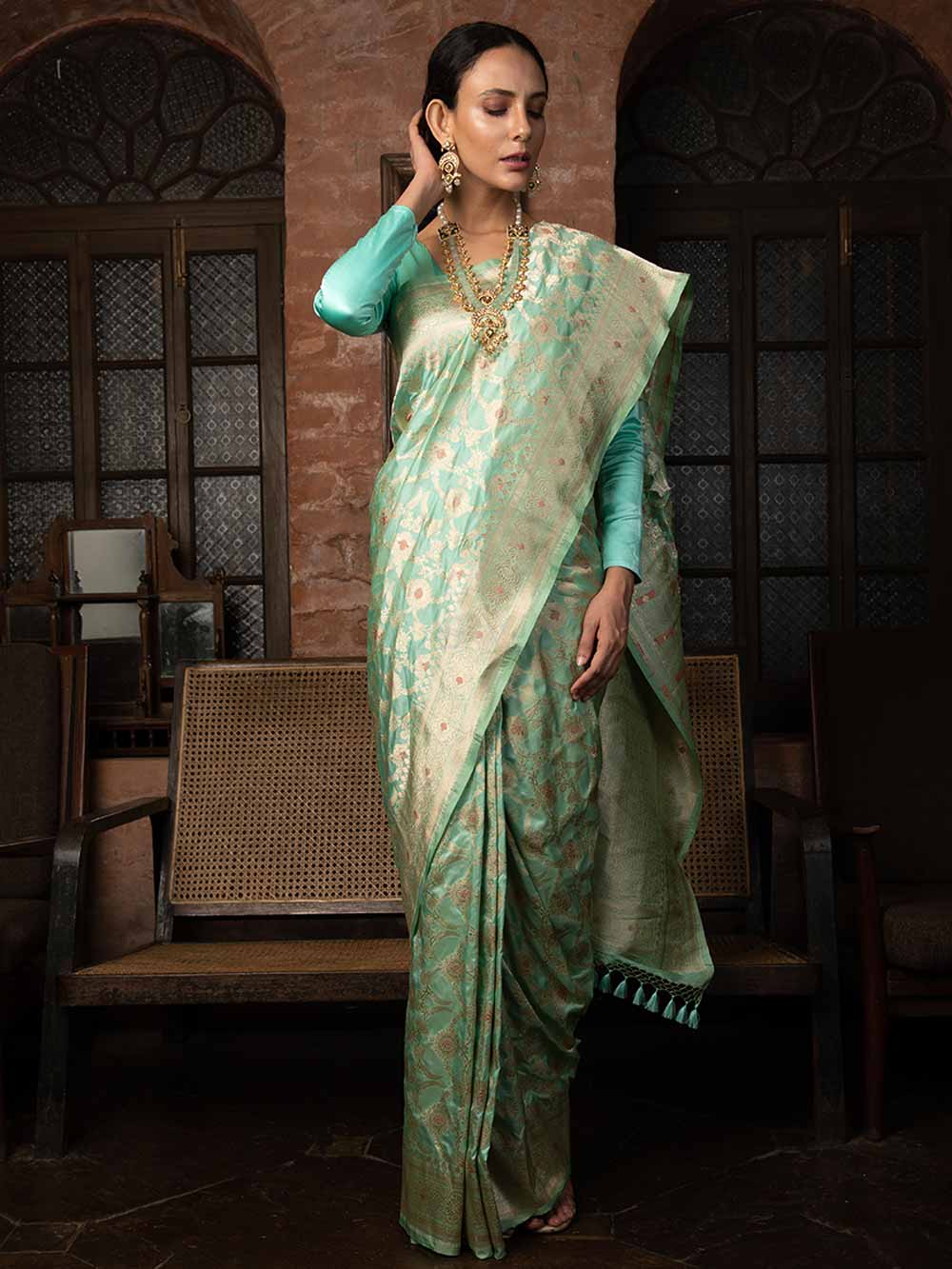 Sea Green Meenakari Uppada Katan Silk Handloom Banarasi Saree - Sacred Weaves