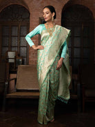 Sea Green Meenakari Uppada Katan Silk Handloom Banarasi Saree - Sacred Weaves