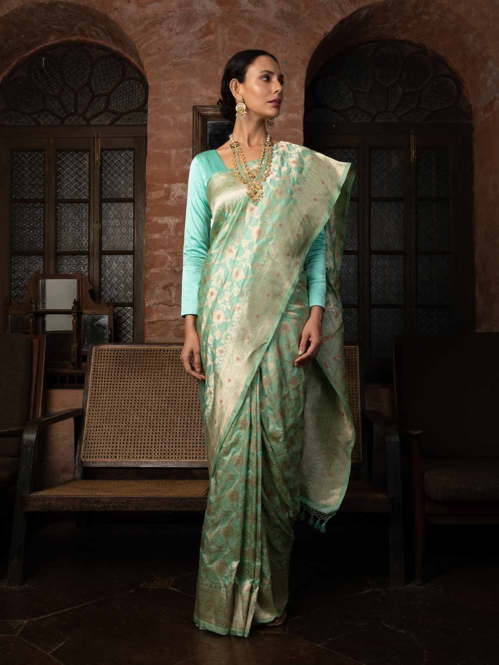 Sea Green Meenakari Uppada Katan Silk Handloom Banarasi Saree - Sacred Weaves