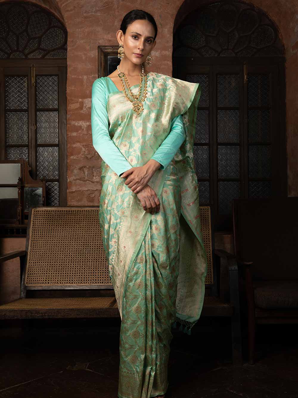 Sea Green Meenakari Uppada Katan Silk Handloom Banarasi Saree - Sacred Weaves