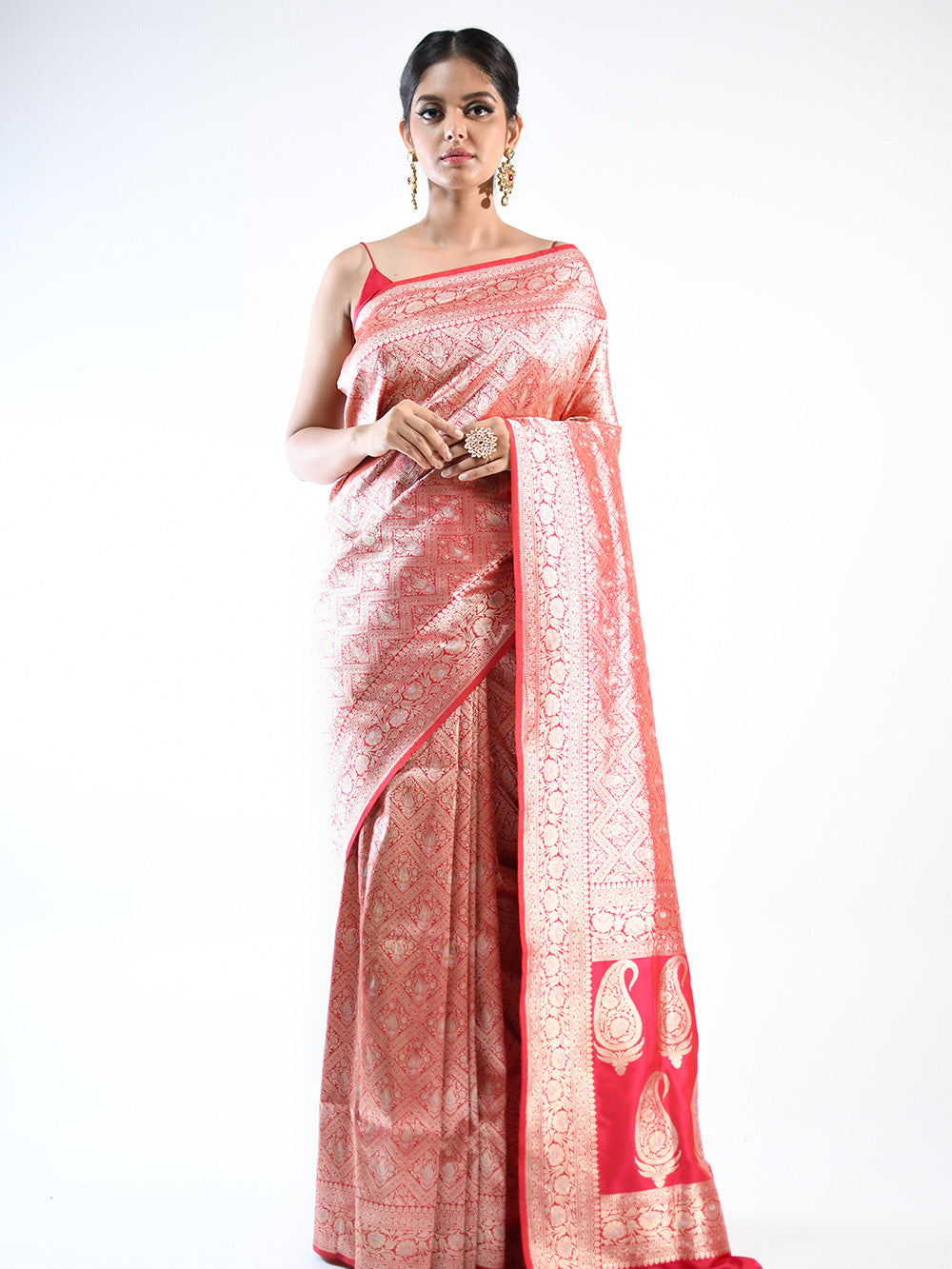 Red Pink Brocade Katan Silk Handloom Banarasi Saree - Sacred Weaves