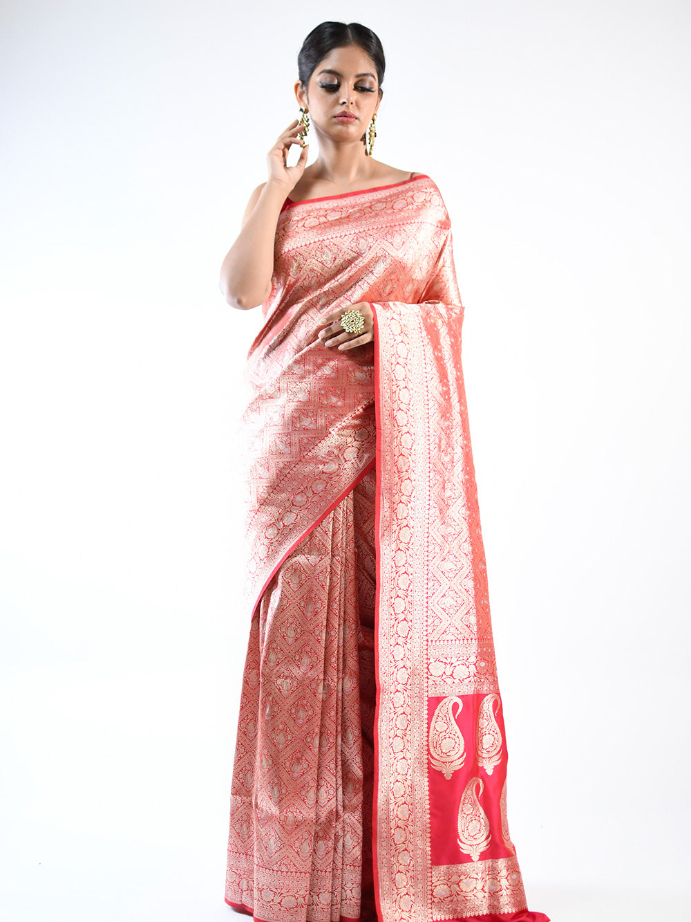 Red Pink Brocade Katan Silk Handloom Banarasi Saree - Sacred Weaves