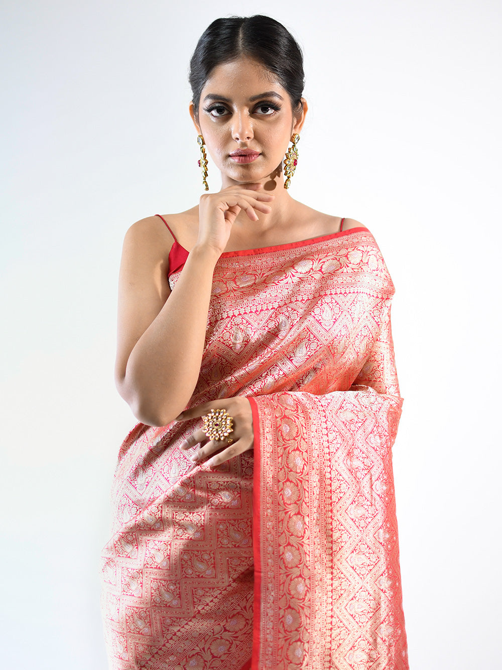 Red Pink Brocade Katan Silk Handloom Banarasi Saree - Sacred Weaves