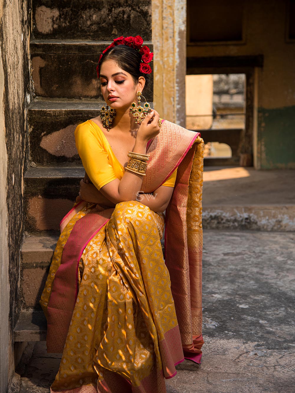 Mustard Jaal Katan Silk Handloom Banarasi Saree - Sacred Weaves