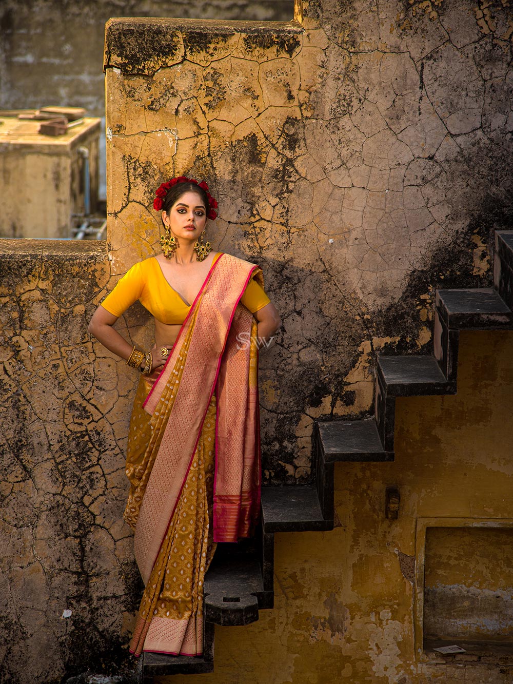Mustard Jaal Katan Silk Handloom Banarasi Saree - Sacred Weaves