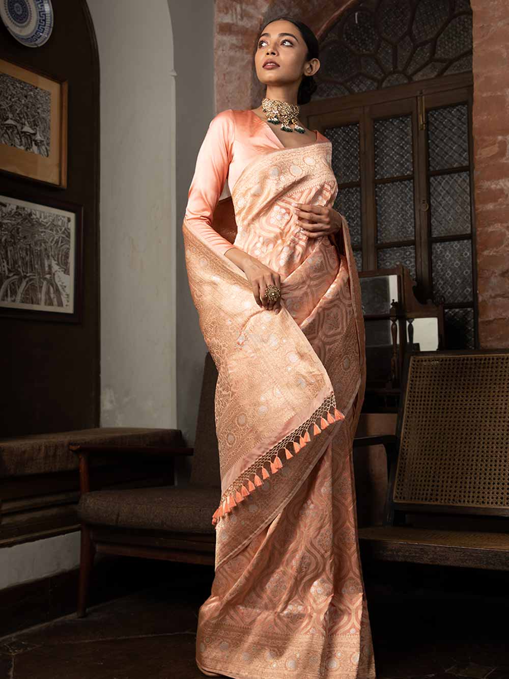 Pastel Peach Uppada Katan Silk Handloom Banarasi Saree - Sacred Weaves