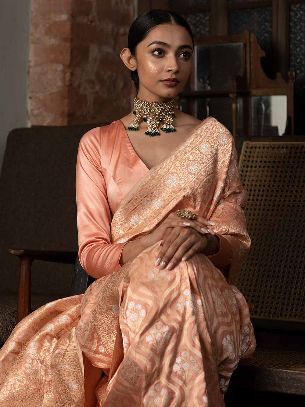 Pastel Peach Uppada Katan Silk Handloom Banarasi Saree - Sacred Weaves
