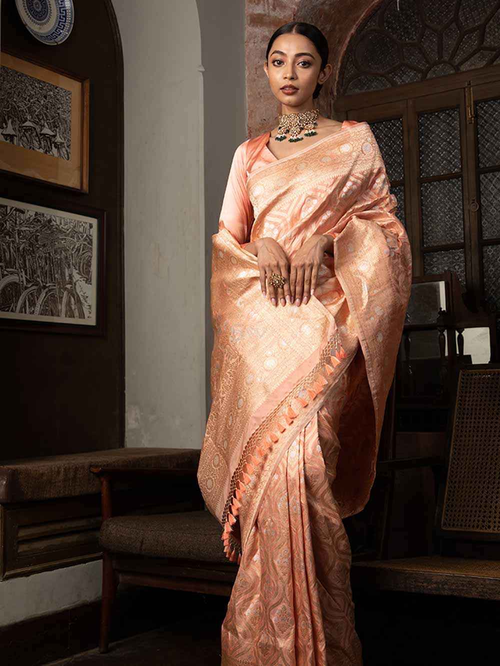 Buy Pastel Peach Saree In Organza With Contrasting Grey Blouse Online   Kalki Fashion