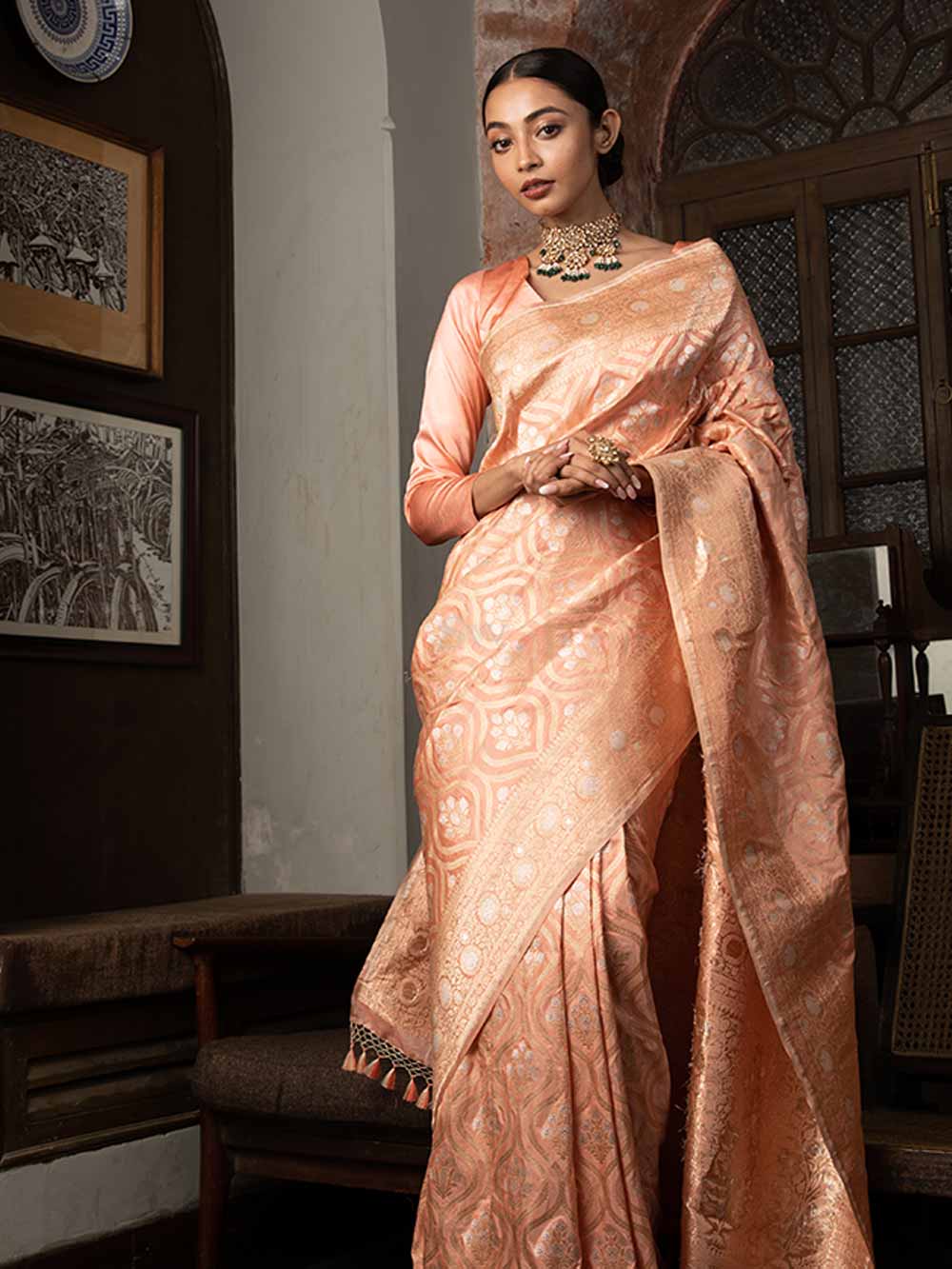 Pastel Peach Uppada Katan Silk Handloom Banarasi Saree - Sacred Weaves