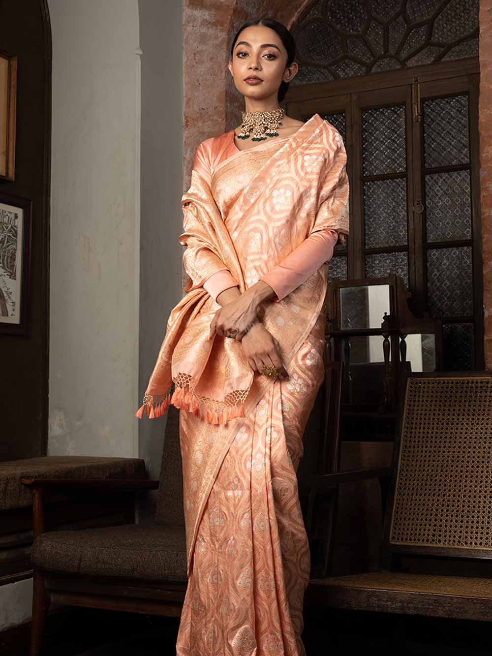 Pastel Peach Uppada Katan Silk Handloom Banarasi Saree - Sacred Weaves