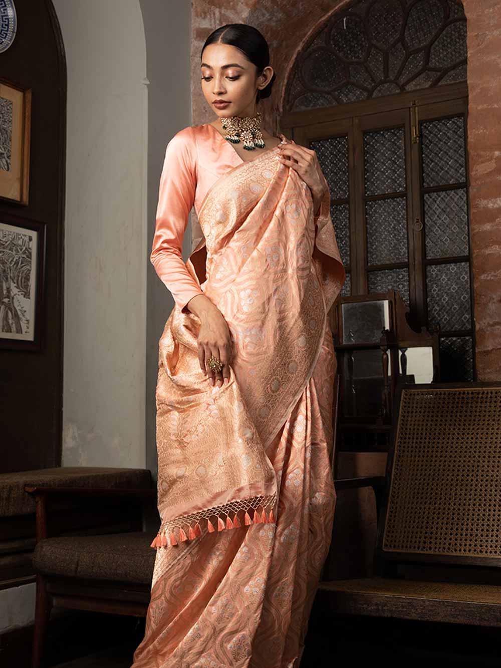 Pastel Peach Uppada Katan Silk Handloom Banarasi Saree - Sacred Weaves