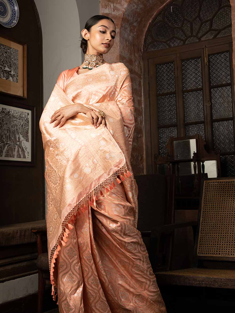 Pastel Peach Uppada Katan Silk Handloom Banarasi Saree - Sacred Weaves