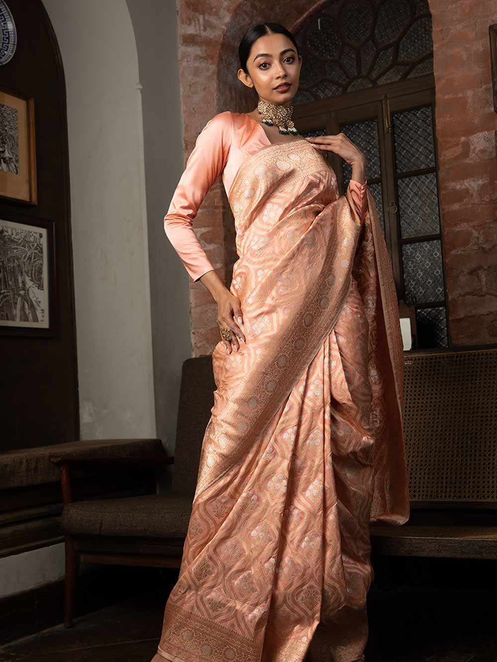 Pastel Peach Uppada Katan Silk Handloom Banarasi Saree - Sacred Weaves