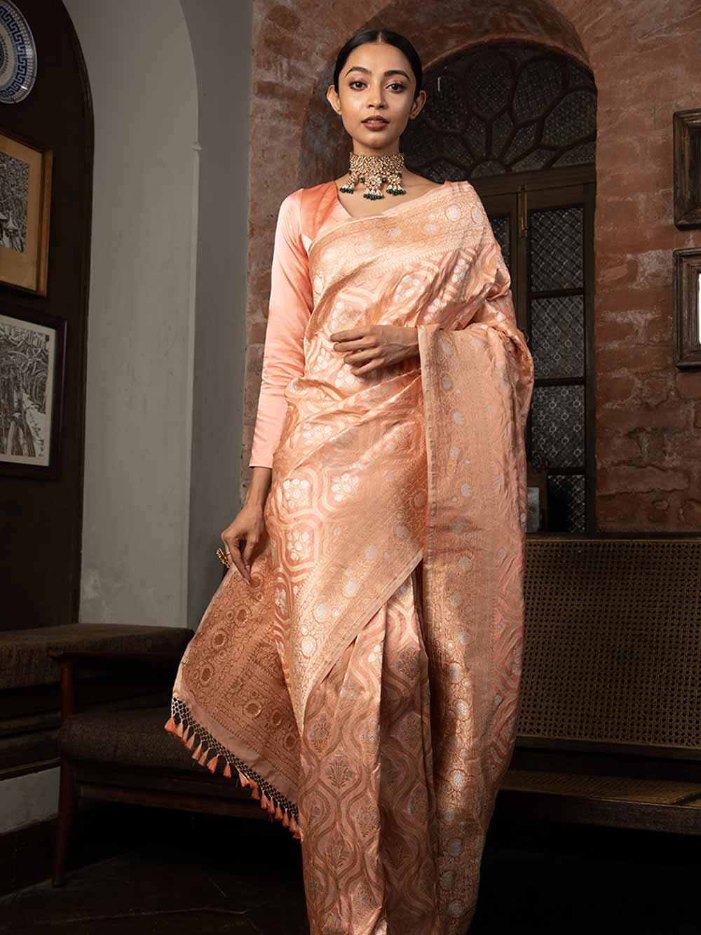 Pastel Peach Uppada Katan Silk Handloom Banarasi Saree - Sacred Weaves