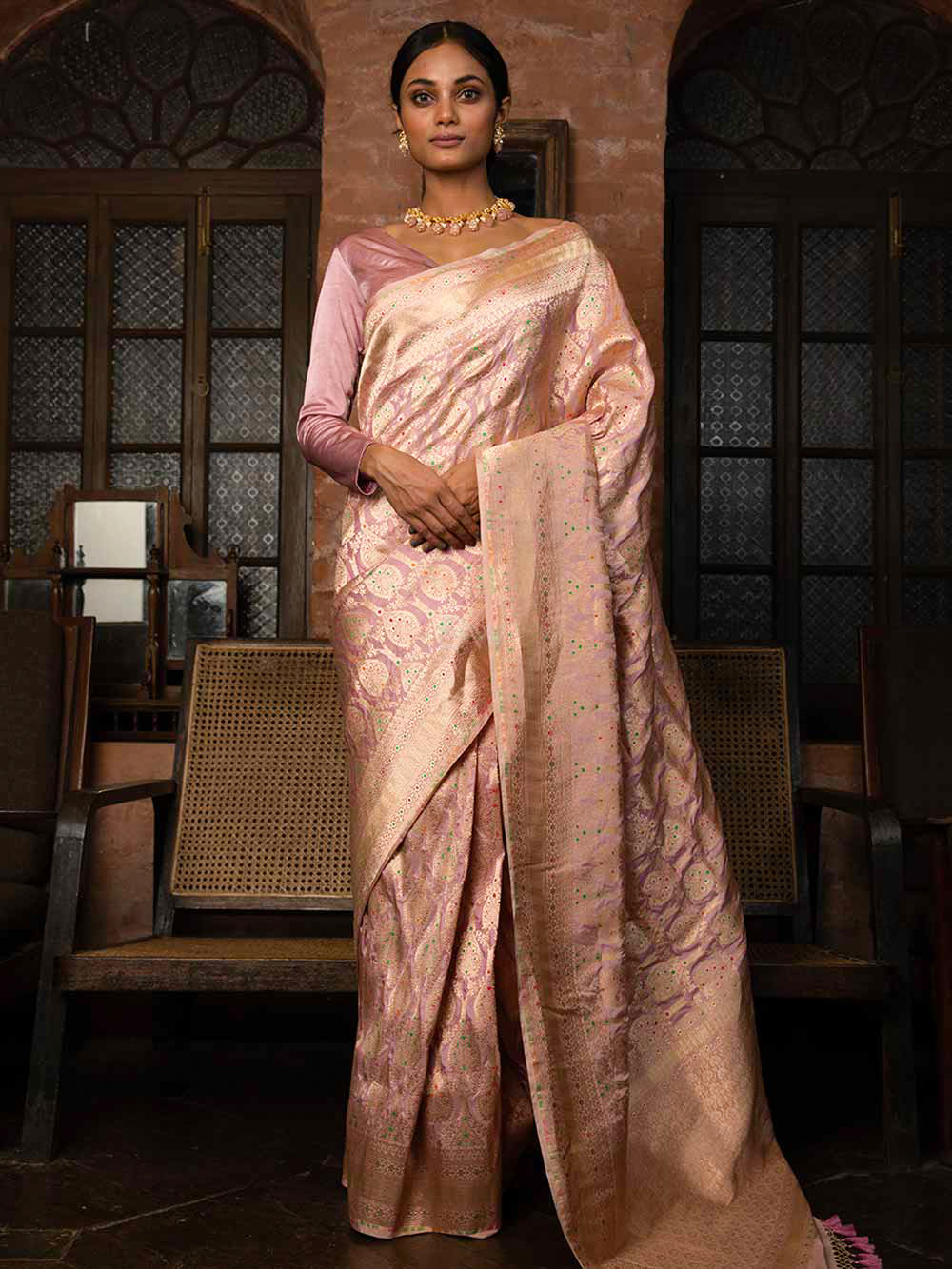 Pastel Onion Pink Meenakari Uppada Katan Silk Handloom Banarasi Saree - Sacred Weaves