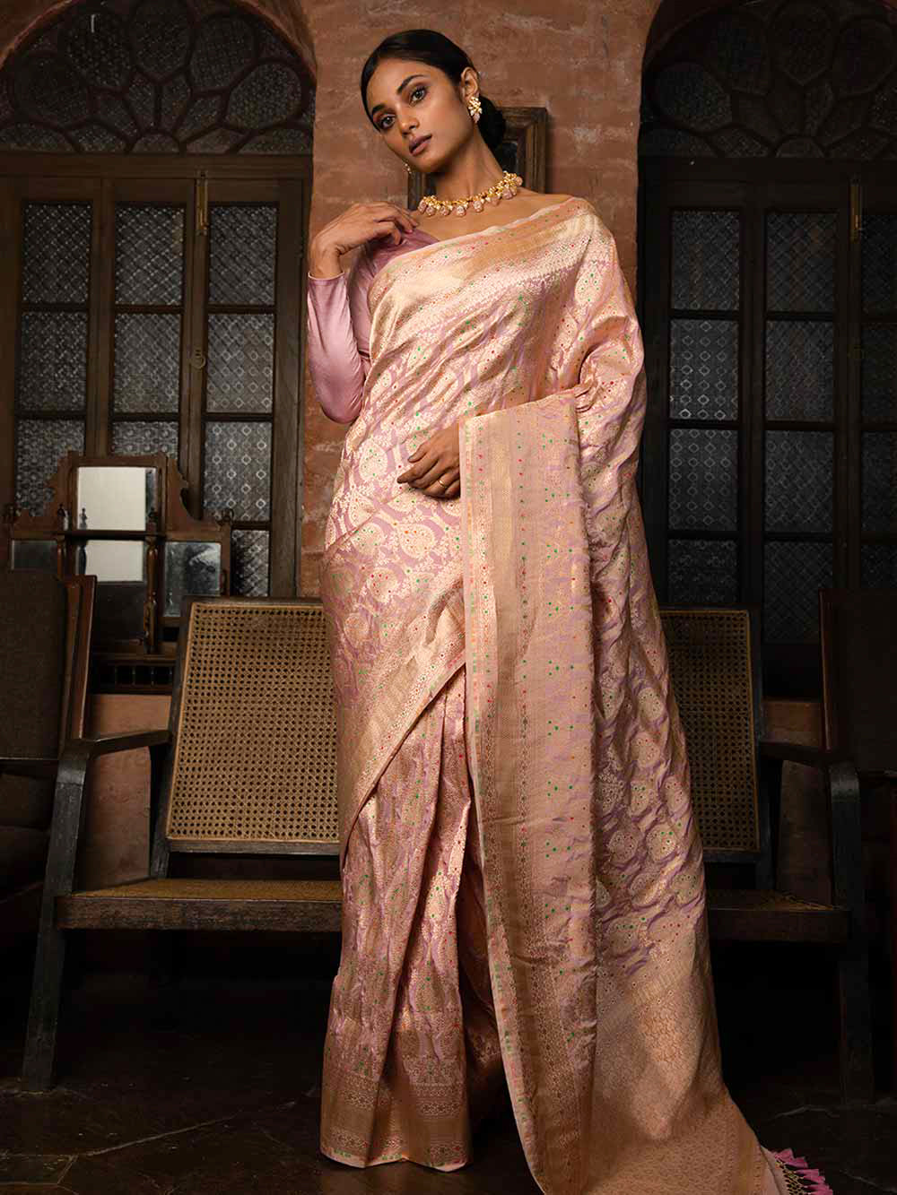 Pastel Onion Pink Meenakari Uppada Katan Silk Handloom Banarasi Saree - Sacred Weaves