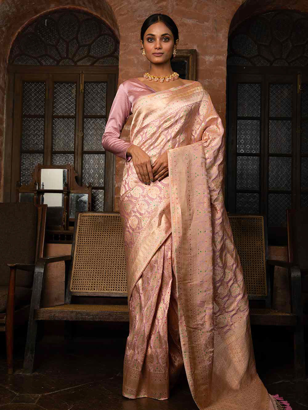 Pastel Onion Pink Meenakari Uppada Katan Silk Handloom Banarasi Saree - Sacred Weaves