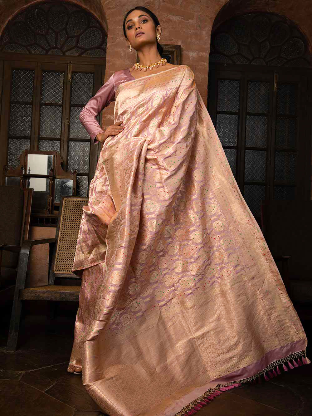 Pastel Onion Pink Meenakari Uppada Katan Silk Handloom Banarasi Saree - Sacred Weaves