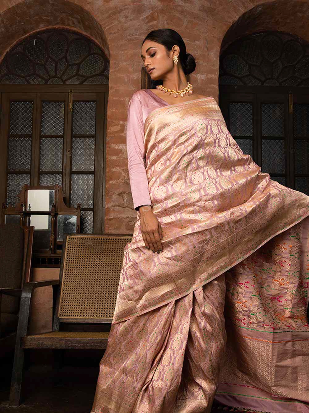 Pastel Onion Pink Meenakari Uppada Katan Silk Handloom Banarasi Saree - Sacred Weaves