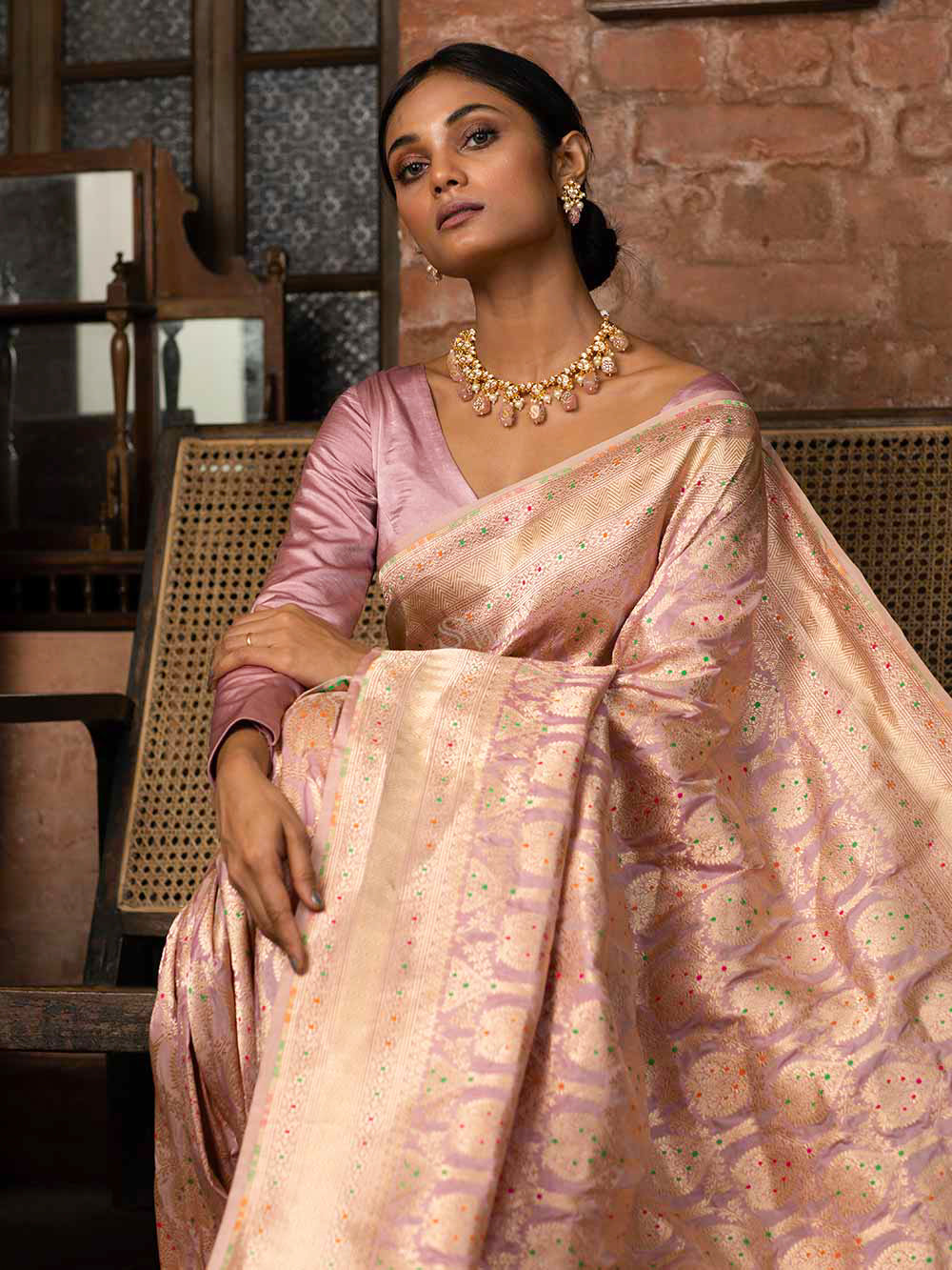 Pastel Onion Pink Meenakari Uppada Katan Silk Handloom Banarasi Saree - Sacred Weaves