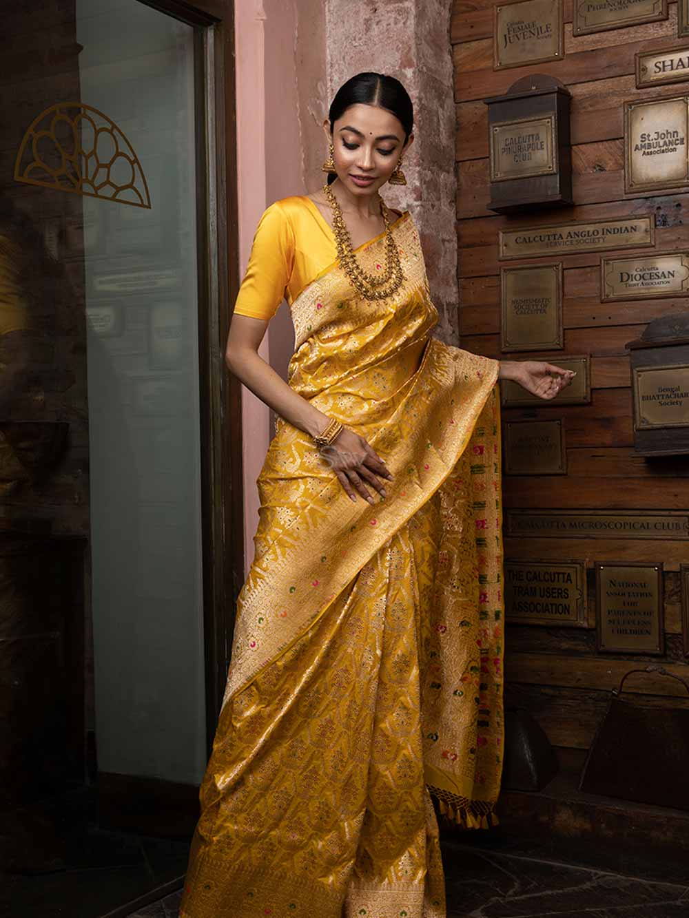 Yellow Meenakari Uppada Katan Silk Handloom Banarasi Saree - Sacred Weaves