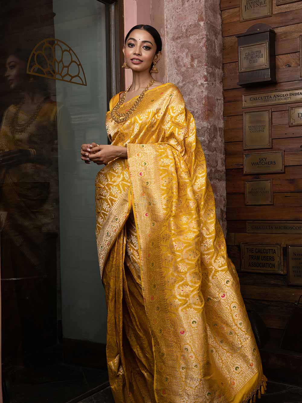 Yellow Meenakari Uppada Katan Silk Handloom Banarasi Saree - Sacred Weaves