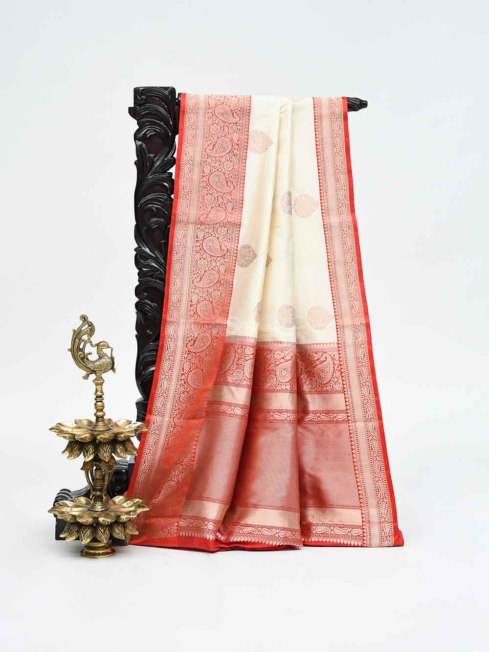 Cream Boota Katan Silk Handloom Banarasi Saree - Sacred Weaves