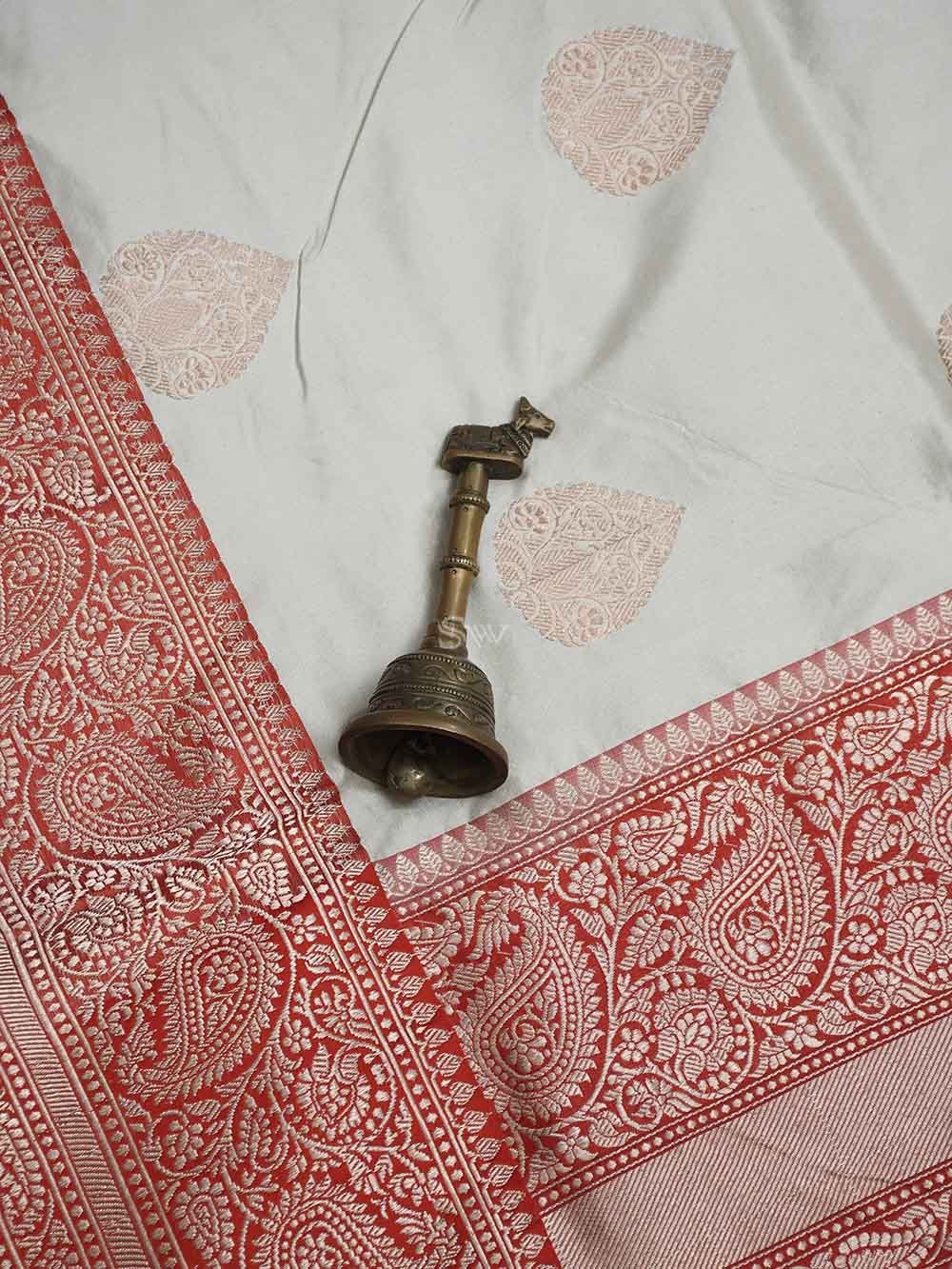 Cream Boota Katan Silk Handloom Banarasi Saree - Sacred Weaves