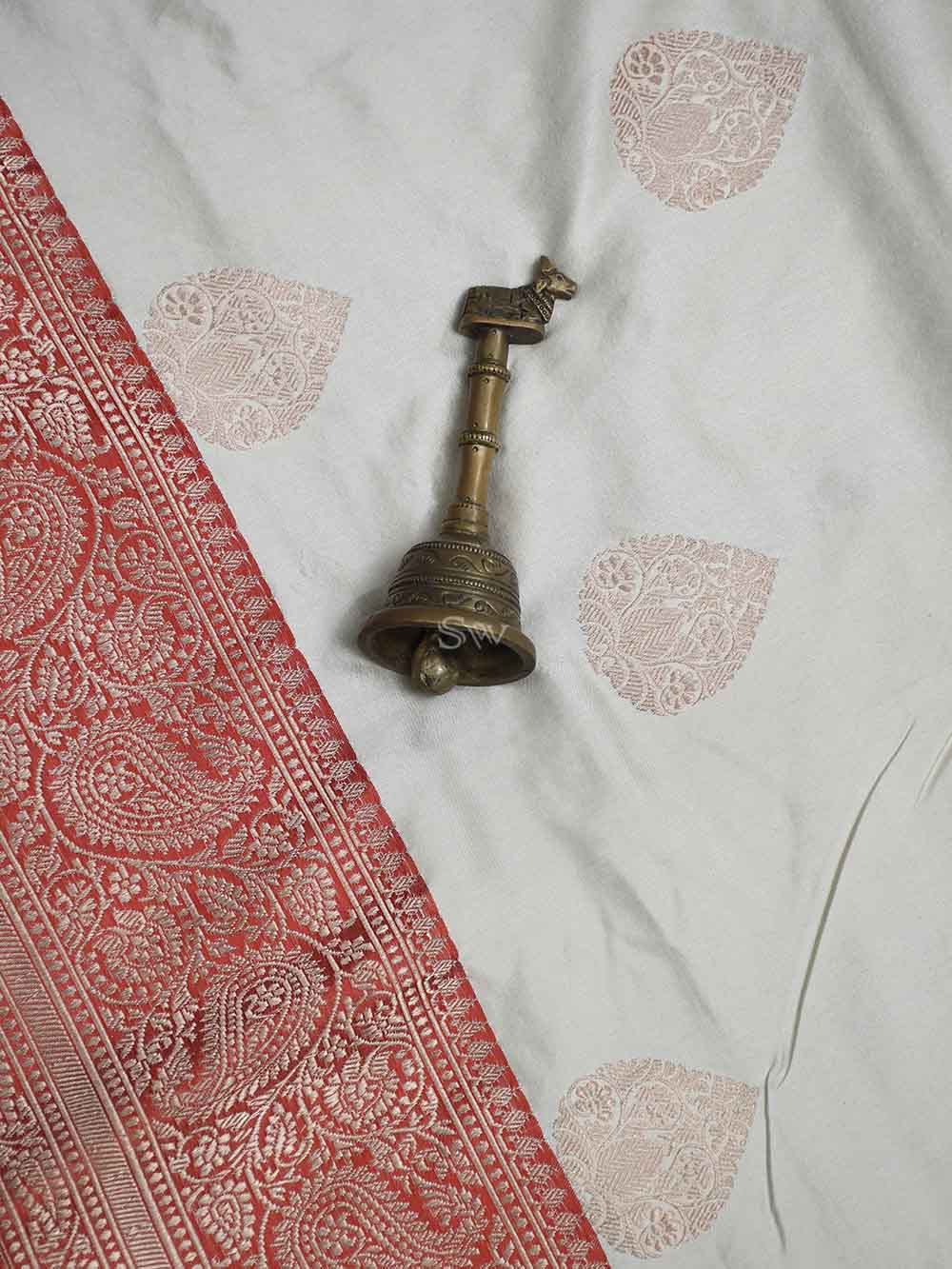 Cream Boota Katan Silk Handloom Banarasi Saree - Sacred Weaves