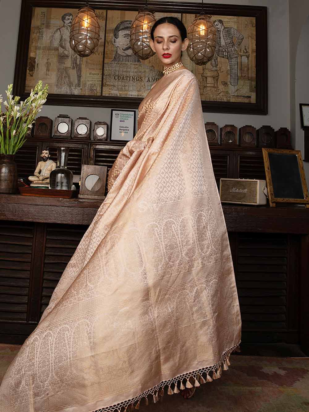 Pastel Peach Jaal Satin Tissue Handloom Banarasi Saree - Sacred Weaves