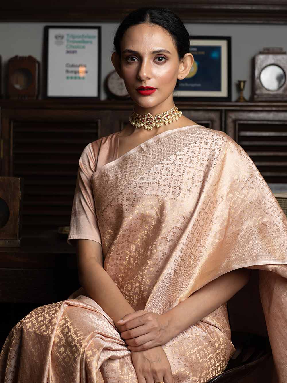 Pastel Peach Jaal Satin Tissue Handloom Banarasi Saree - Sacred Weaves