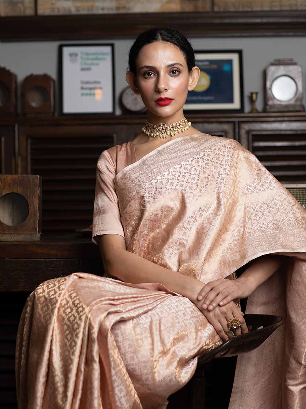 Pastel Peach Jaal Satin Tissue Handloom Banarasi Saree - Sacred Weaves