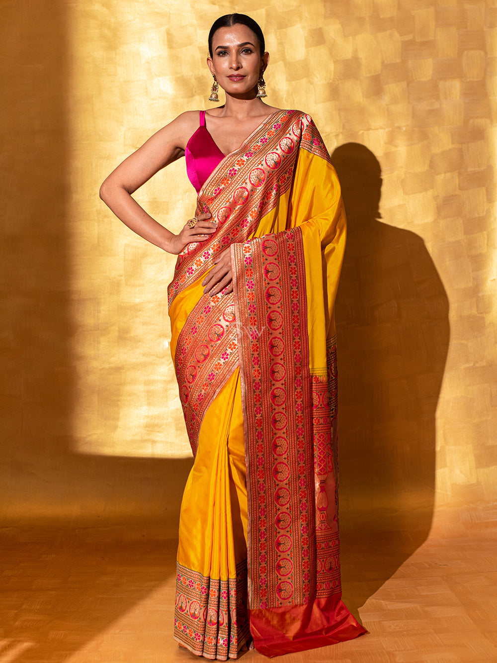 Yellow Paithani Katan Silk Handloom Banarasi Saree - Sacred Weaves