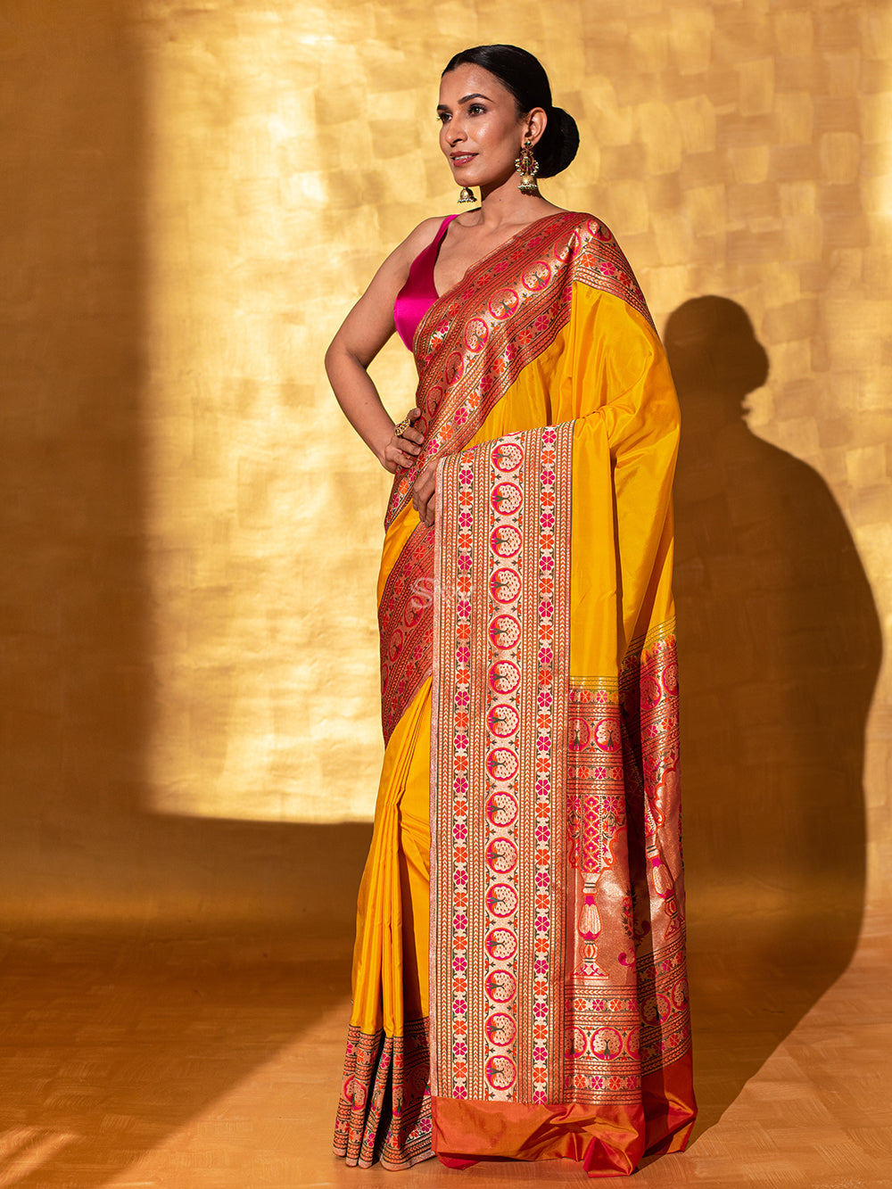 Yellow Paithani Katan Silk Handloom Banarasi Saree - Sacred Weaves