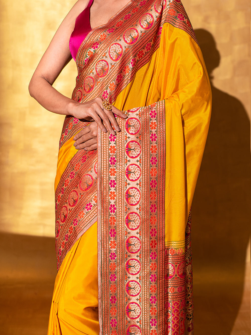 Yellow Paithani Katan Silk Handloom Banarasi Saree - Sacred Weaves