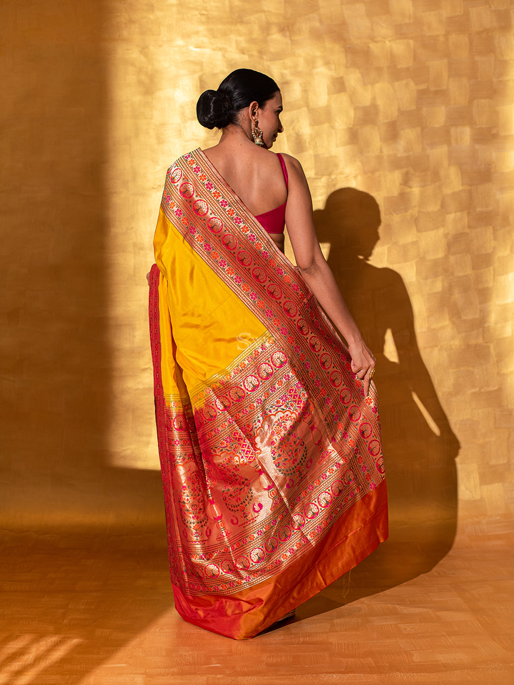 Yellow Paithani Katan Silk Handloom Banarasi Saree - Sacred Weaves