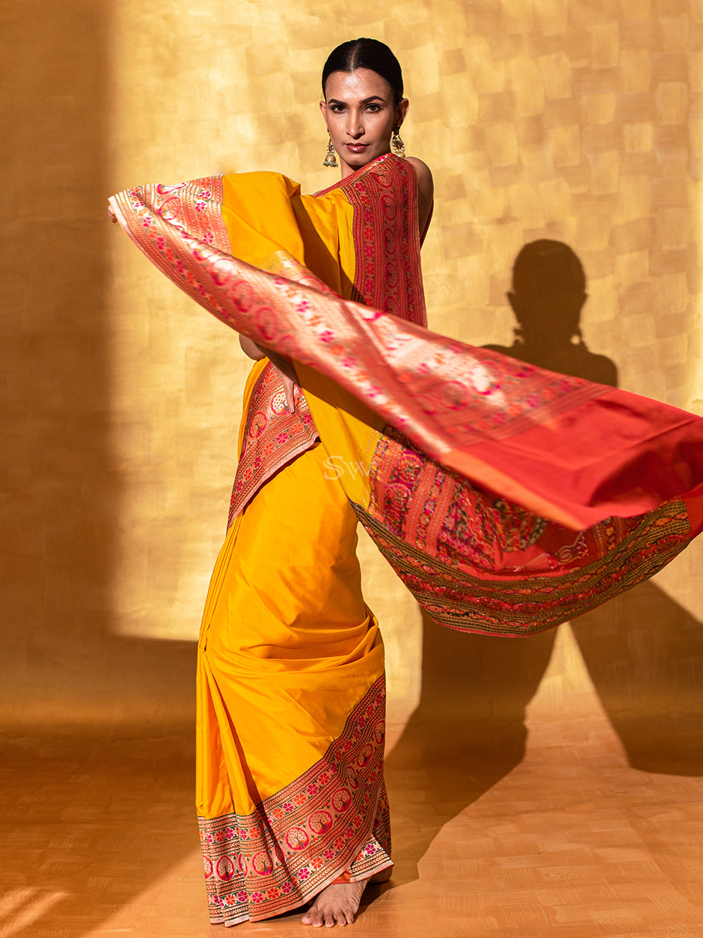 Yellow Paithani Katan Silk Handloom Banarasi Saree - Sacred Weaves