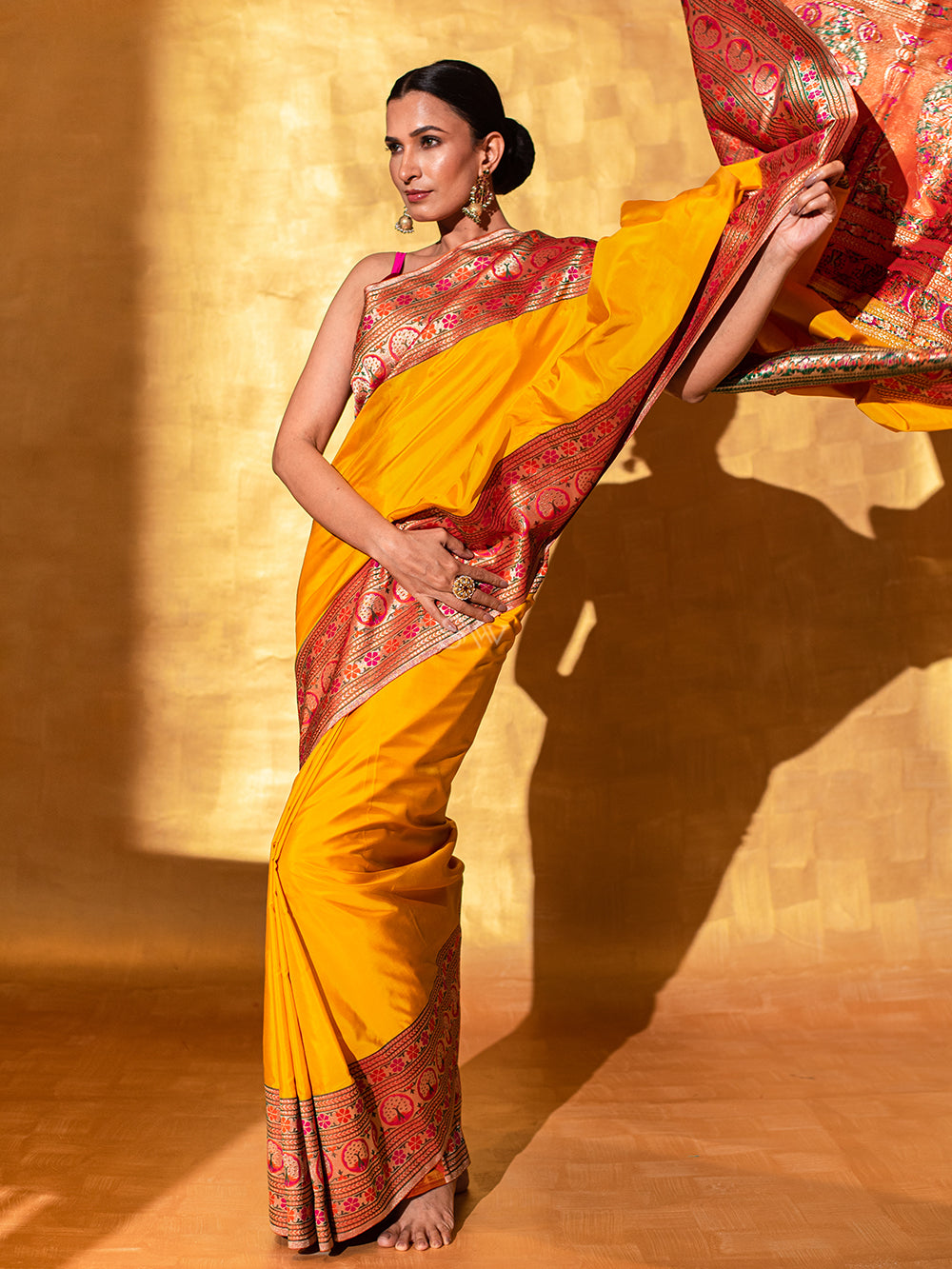 Yellow Paithani Katan Silk Handloom Banarasi Saree - Sacred Weaves