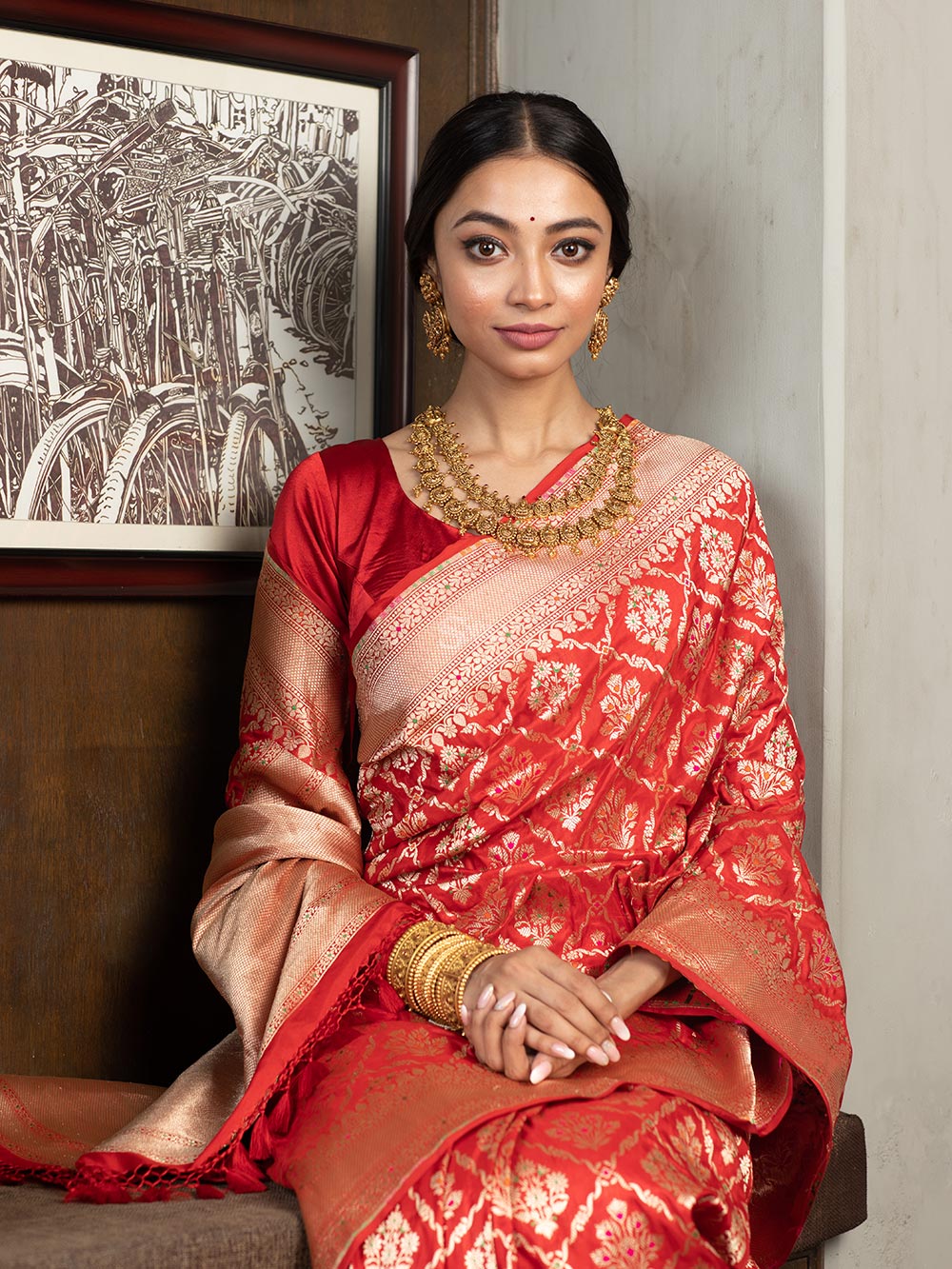 Red Meenakari Uppada Katan Silk Handloom Banarasi Saree - Sacred Weaves
