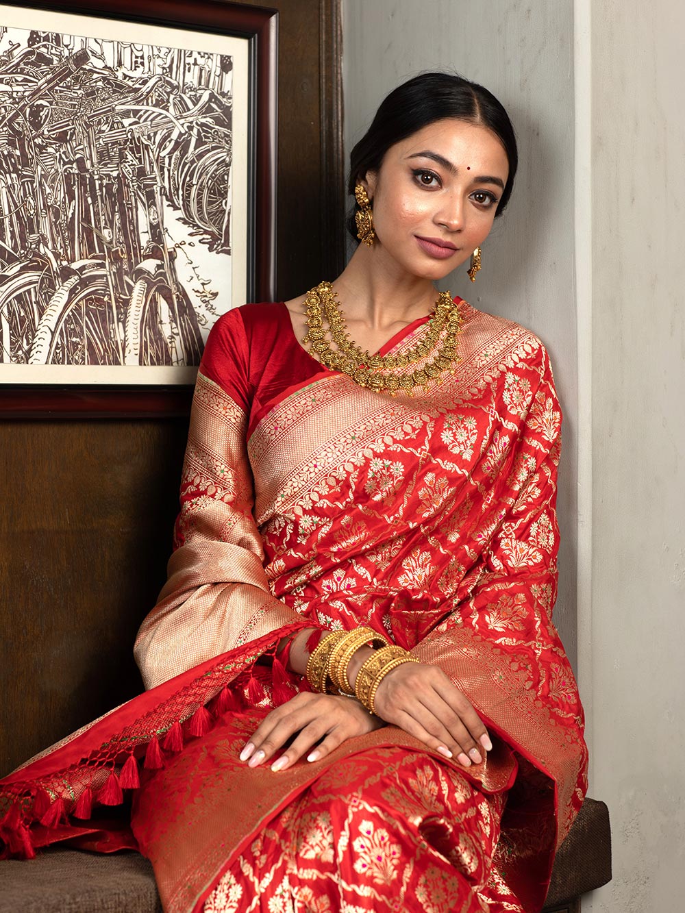 Red Meenakari Uppada Katan Silk Handloom Banarasi Saree - Sacred Weaves