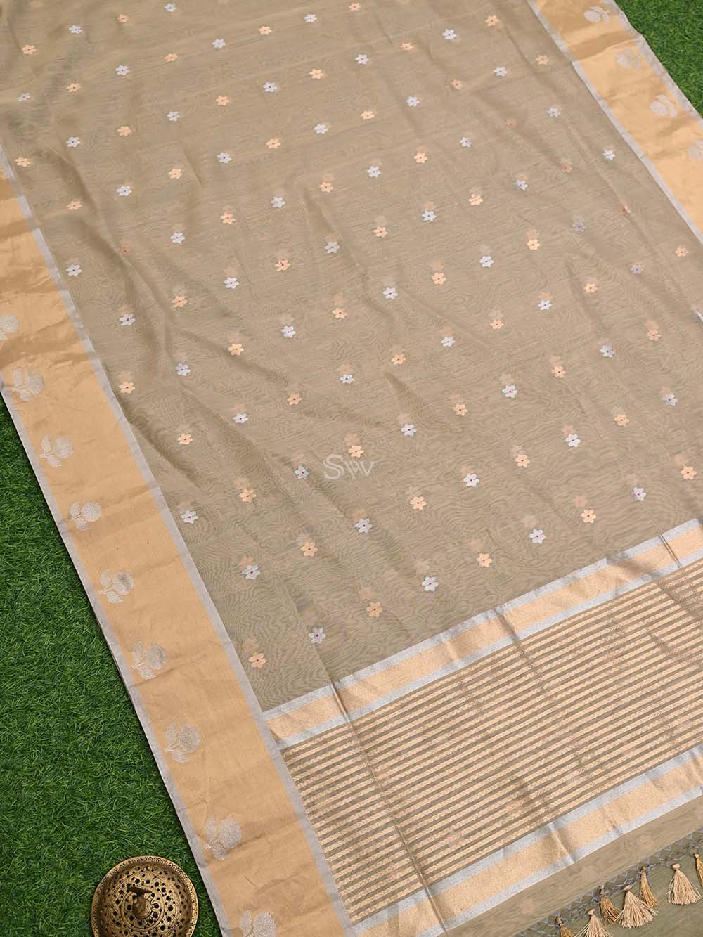 Beige Booti Chanderi Silk Handloom Banarasi Saree - Sacred Weaves